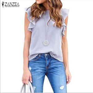 Gray chiffon blouse w/ ruffled shoulders NWT